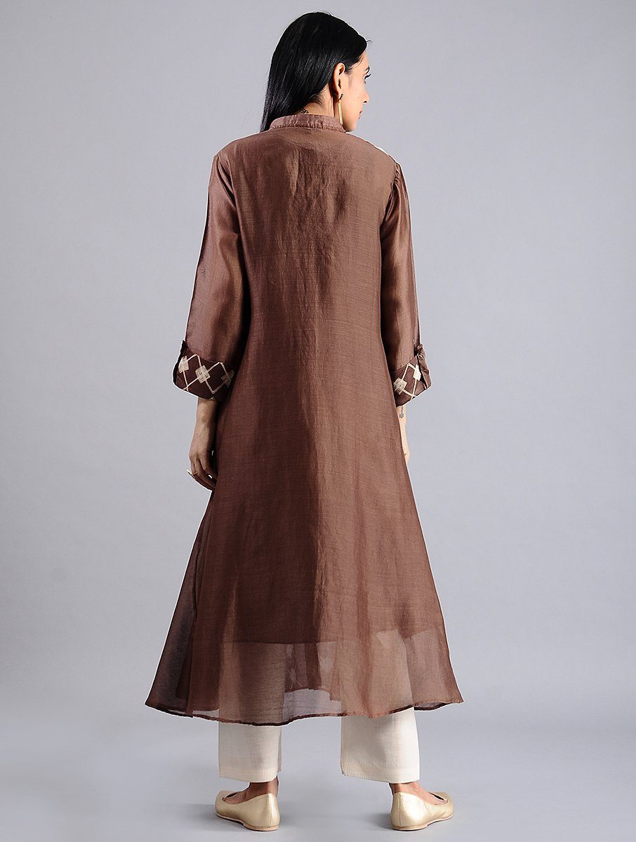 Star shibori jacket dress in Brown (Set of 2) Jacket dress Sonal Kabra Sonal Kabra Buy Shop online premium luxury fashion clothing natural fabrics sustainable organic hand made handcrafted artisans craftsmen