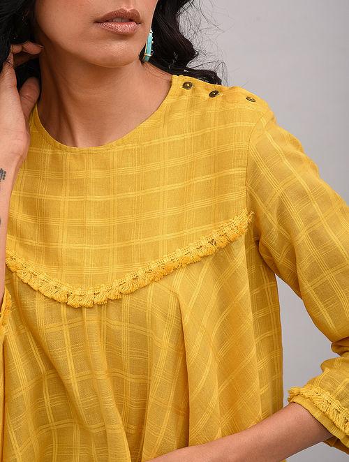 Yellow Asymmetrical Cotton Top with Tassels Top The Neem Tree Sonal Kabra Buy Shop online premium luxury fashion clothing natural fabrics sustainable organic hand made handcrafted artisans craftsmen
