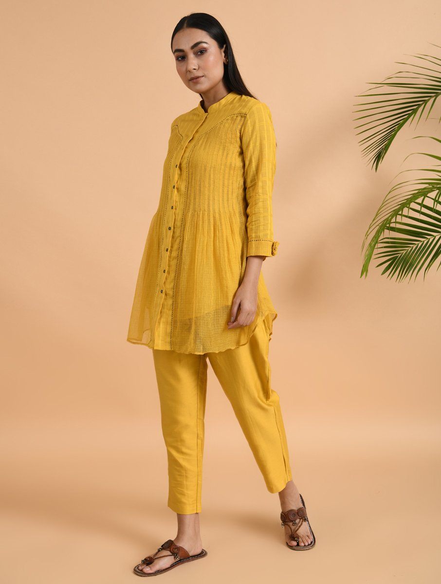 Yellow Cotton Dobby Shirt with Slip (Set of 2) Top The Neem Tree Sonal Kabra Buy Shop online premium luxury fashion clothing natural fabrics sustainable organic hand made handcrafted artisans craftsmen