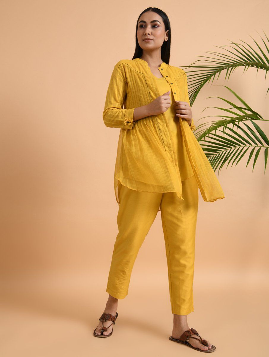 Yellow Cotton Dobby Shirt with Slip (Set of 2) Top The Neem Tree Sonal Kabra Buy Shop online premium luxury fashion clothing natural fabrics sustainable organic hand made handcrafted artisans craftsmen