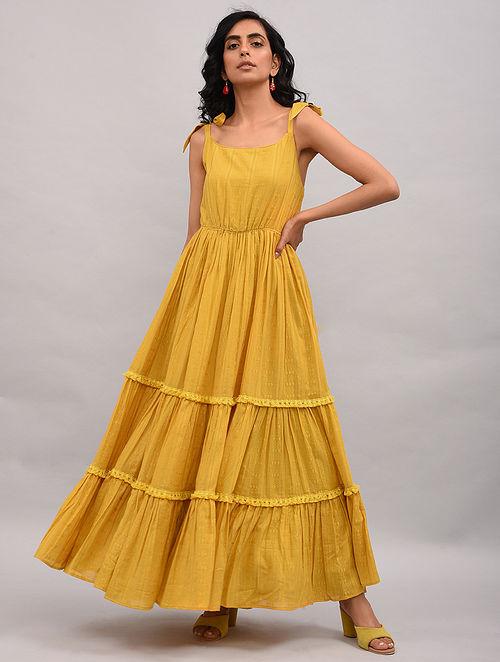 Yellow Cotton Maxi Dress Dress The Neem Tree Sonal Kabra Buy Shop online premium luxury fashion clothing natural fabrics sustainable organic hand made handcrafted artisans craftsmen