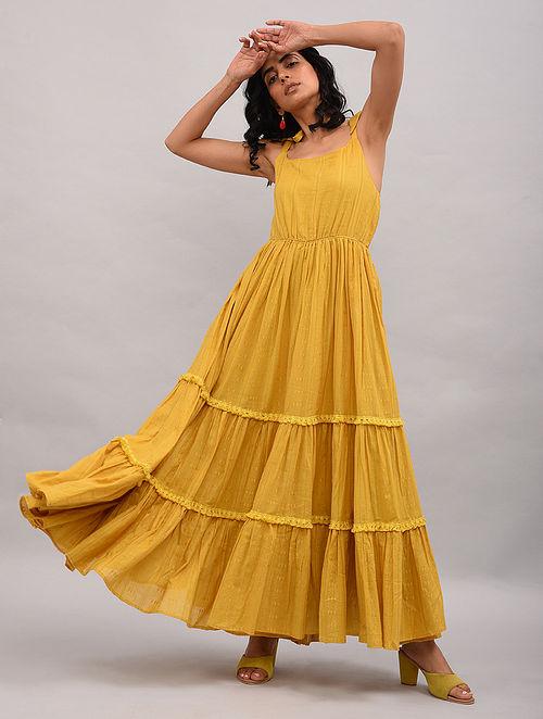 Yellow Cotton Maxi Dress Dress The Neem Tree Sonal Kabra Buy Shop online premium luxury fashion clothing natural fabrics sustainable organic hand made handcrafted artisans craftsmen