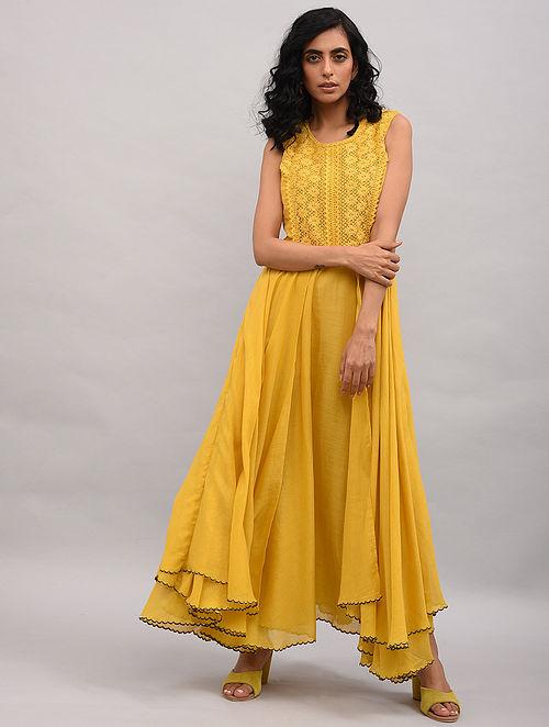 Yellow Lace Trimmed Double layered Dress Dress The Neem Tree Sonal Kabra Buy Shop online premium luxury fashion clothing natural fabrics sustainable organic hand made handcrafted artisans craftsmen