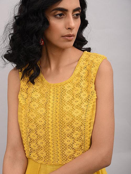 Yellow Lace Trimmed Double layered Dress Dress The Neem Tree Sonal Kabra Buy Shop online premium luxury fashion clothing natural fabrics sustainable organic hand made handcrafted artisans craftsmen