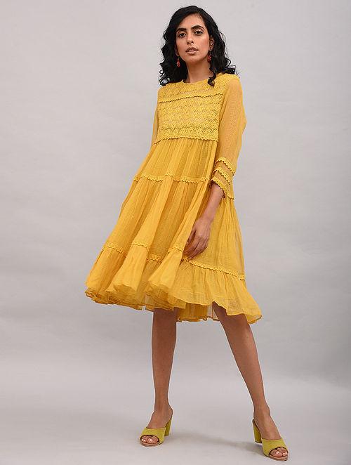 Yellow Lace Trimmed Kota Dress Dress The Neem Tree Sonal Kabra Buy Shop online premium luxury fashion clothing natural fabrics sustainable organic hand made handcrafted artisans craftsmen