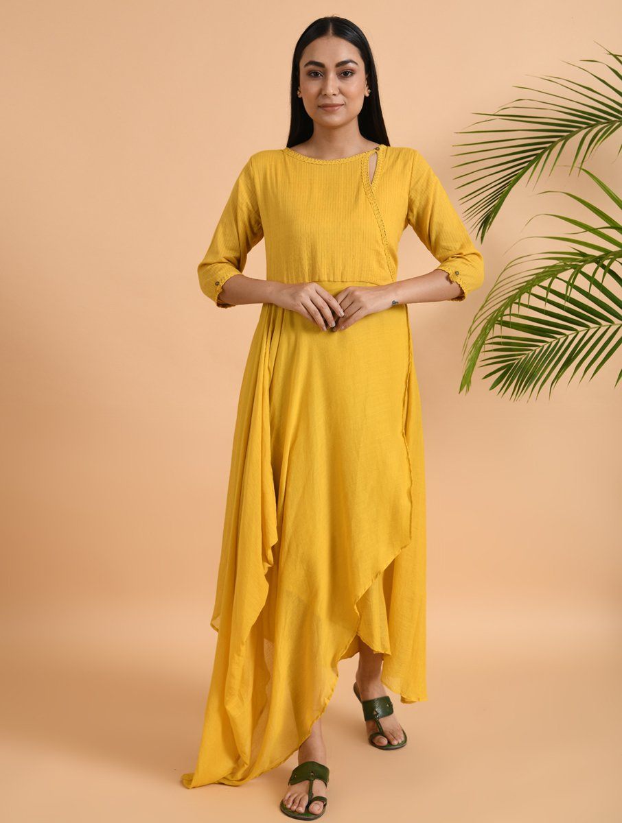 Yellow overlap drape dress Dress The Neem Tree Sonal Kabra Buy Shop online premium luxury fashion clothing natural fabrics sustainable organic hand made handcrafted artisans craftsmen