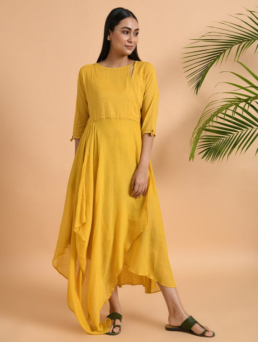 Yellow overlap drape dress Dress The Neem Tree Sonal Kabra Buy Shop online premium luxury fashion clothing natural fabrics sustainable organic hand made handcrafted artisans craftsmen